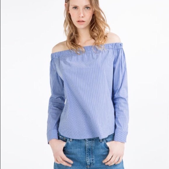 Zara Blue White Woman Poplin Stripped Off Shoulder - Picture 1 of 4